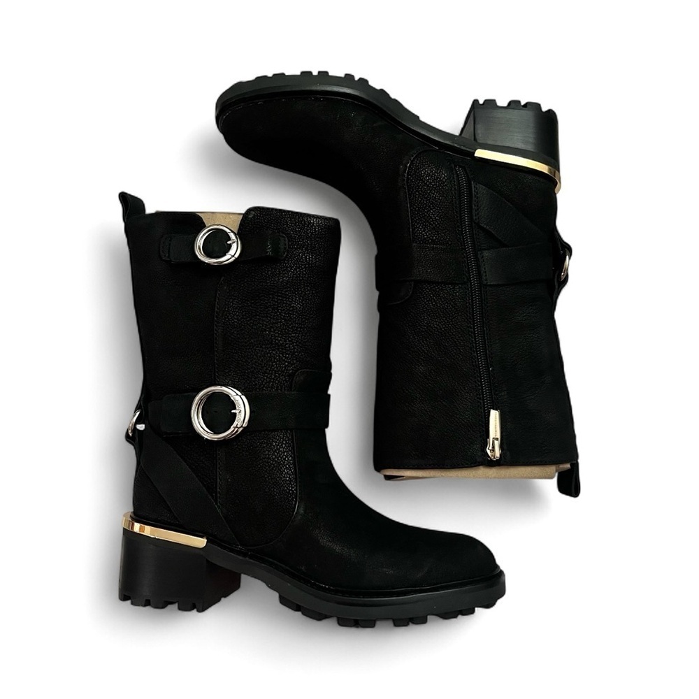 Vince Camuto Black Leather Mid Calf Moto Boot 5.5M Biker Lug Sole Grunge Goth